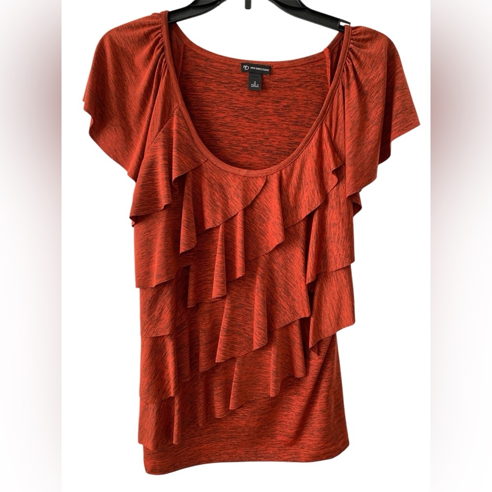 New Directions Orange Ruffled Blouse Womens S Silky Stretch Short Sleeve Top